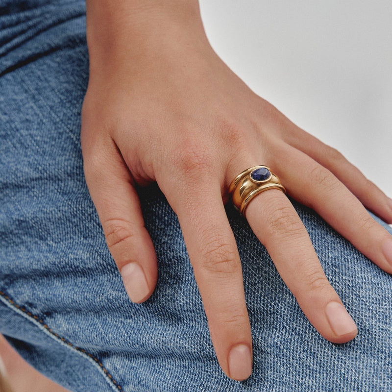 Ibiza Passion 18k gold plated Ring in stainless steel with Central Lapis Stone